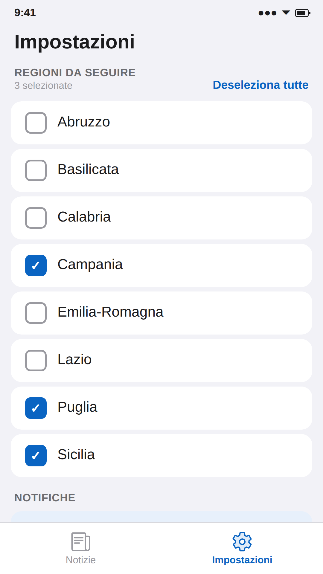 Schermata Impostazioni con selezione delle regioni