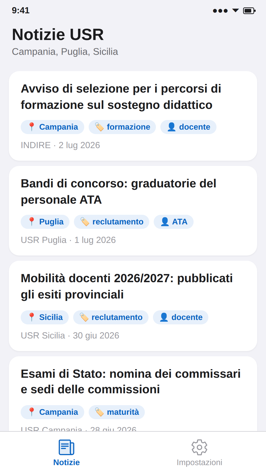 Feed di TargetScuola con notizie ufficiali filtrate per regione
