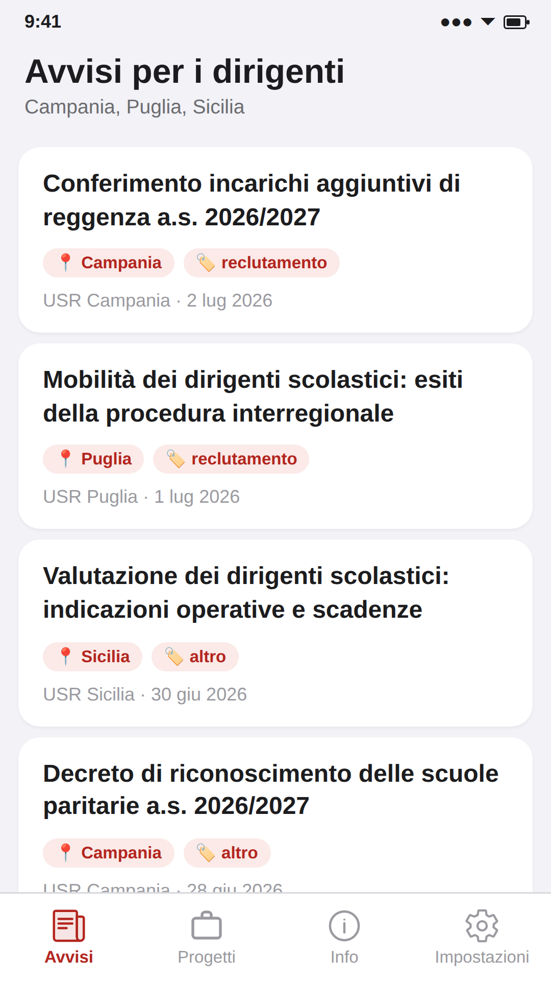 Elenco degli avvisi per i dirigenti in TargetDS, filtrati per regione