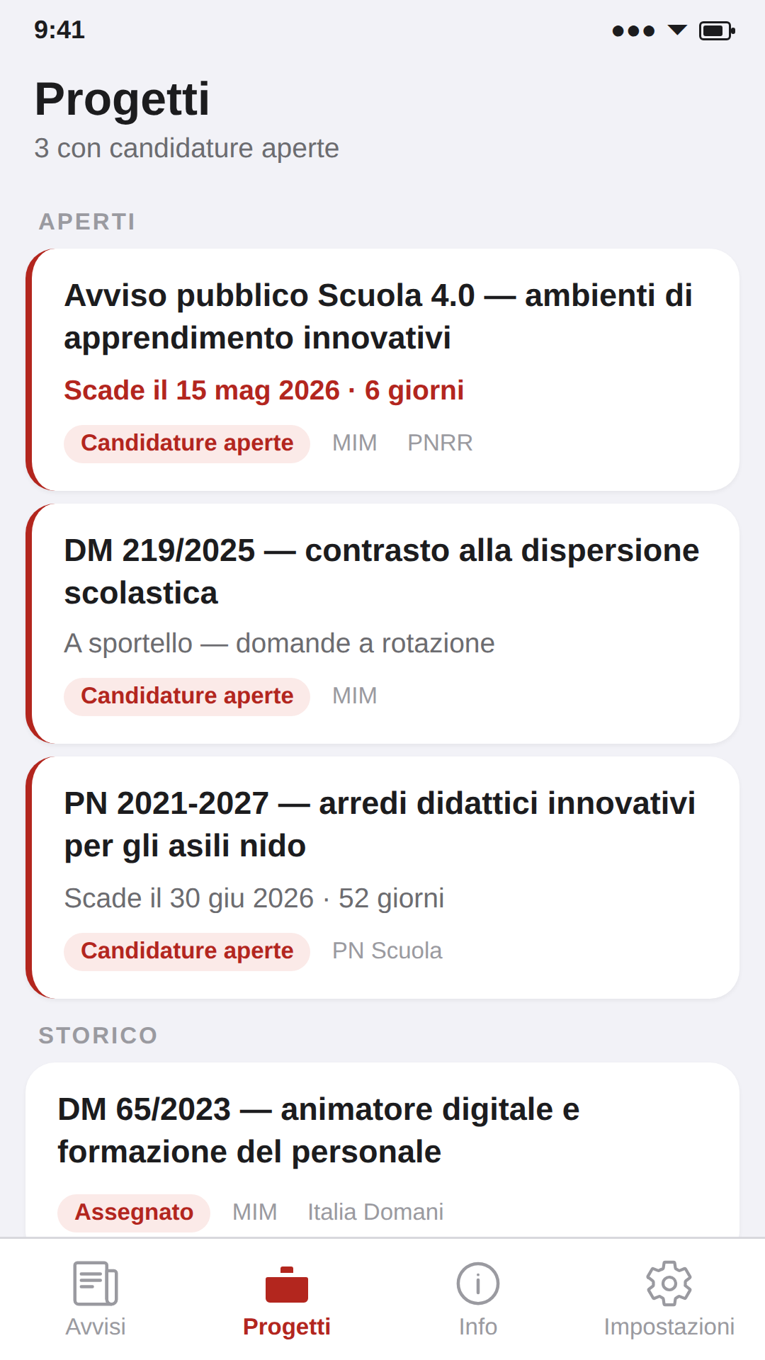 Sezione Progetti di TargetDS: bandi aperti con la scadenza, poi lo storico